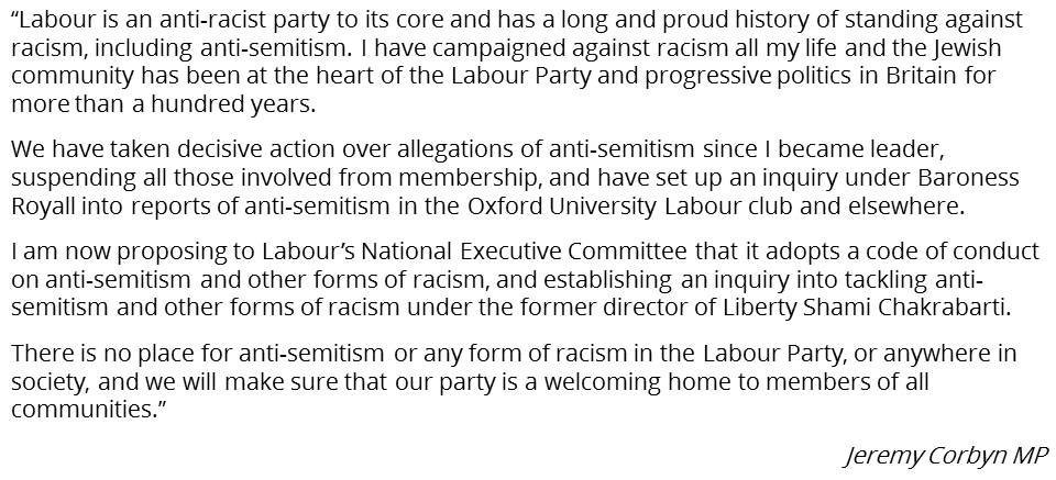 There is no place for anti-semitism or any form of racism in the Labour Party, or anywhere in society https://t.co/iOnx9alAes